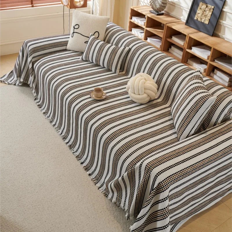 Cat Scratch Resistant Dustproof Sofa Cushion Universal Striped Pattern Sofa Blanket Mat All-Season Chenille Sofa Cover Slipcover