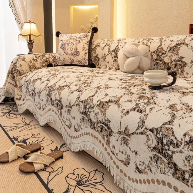 housses de canapé Sofa Covers Chenille Arc Edge Tassels Lace Sofa Mats Throw Blankets All-season Flower Camping Picnic Blanket
