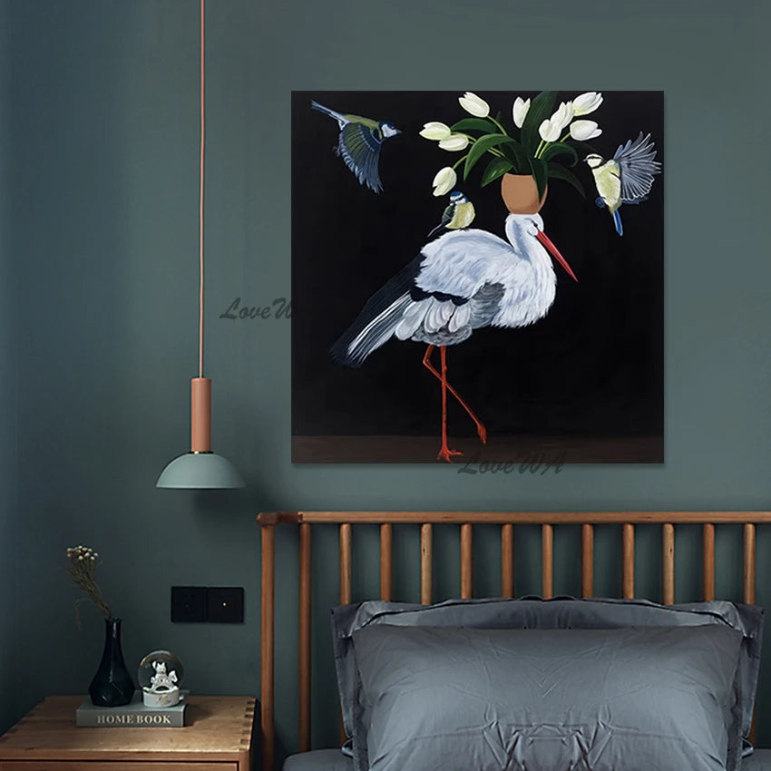 Canvas Artwork, Abstract Design Bird Oil Paintings, Frameless, Flowers Art Picture, Aesthetics Rooms Wall Decoration, Handmade