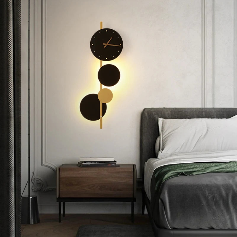 Nordic Creative  Acrylic Black Gold LED Clock  Wall Light Bedroom Dining Room Living Room Lighting Fixtures