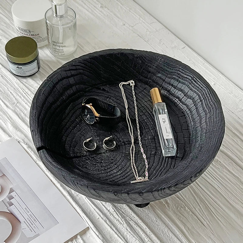 Wabi Sabi Charred Wood Tray Black Fruit Bowl Minimalist Display Platter for Hotel Rustic Storage Tray for Living Room Decoration