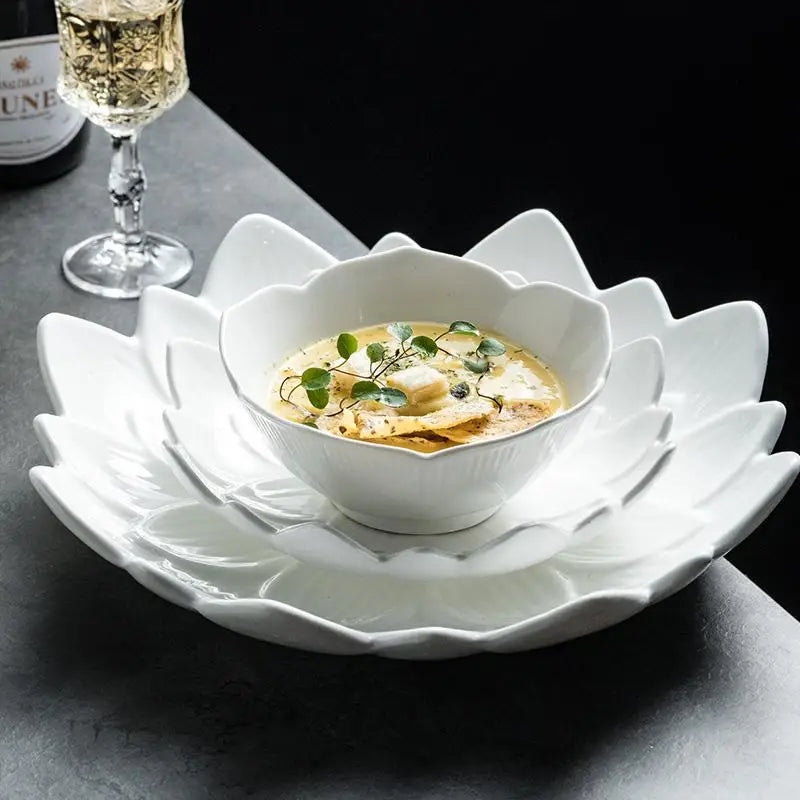 Chinese Lotus-like Ceramic Western Food Dish Household White Fruit Salad Bowl Dessert Plate Creative Restaurant Specialtableware