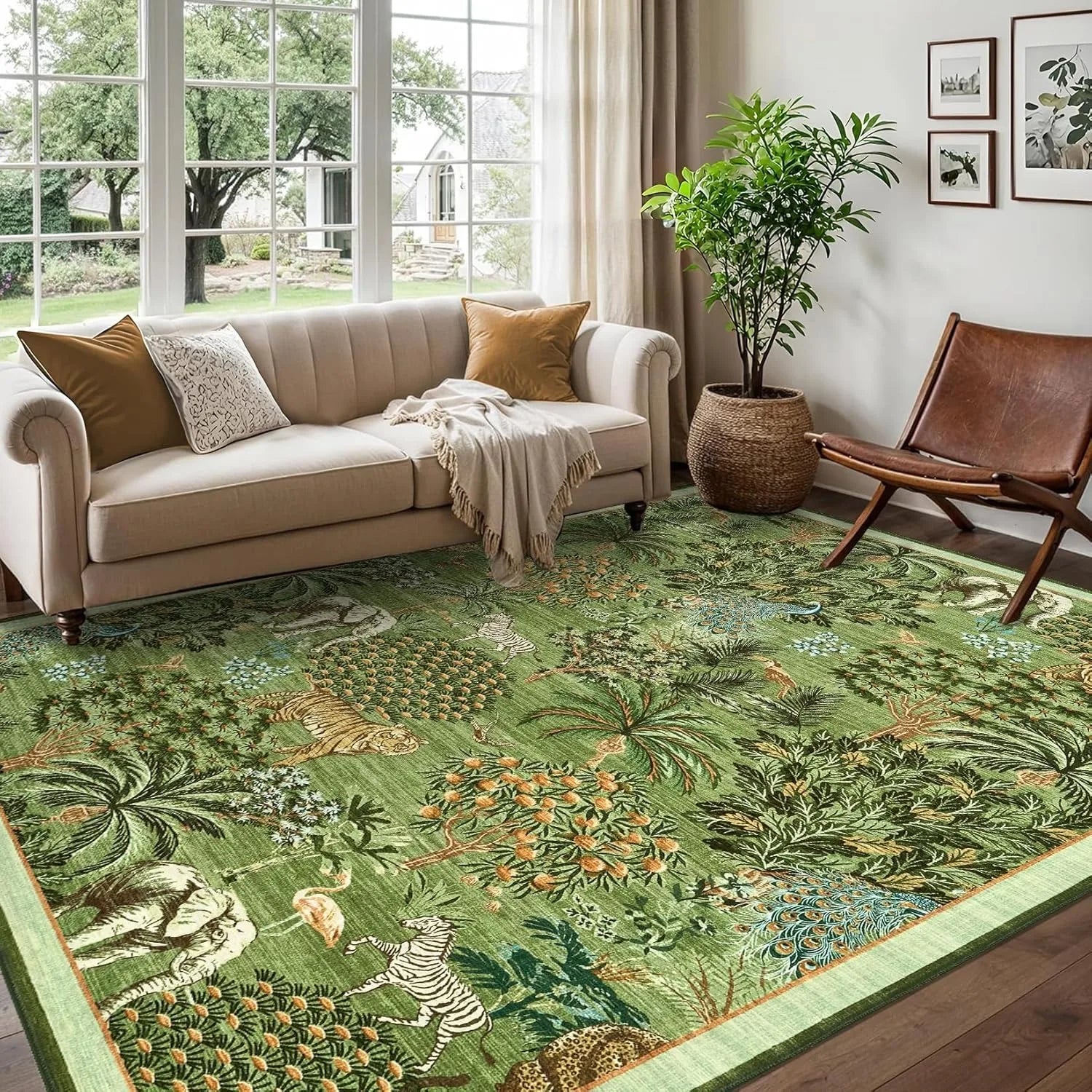 Large Living Room Carpet Soft Machine Washable Bedroom Bedside Rug Jungle Pattern Animal Print Short Velvet Non-slip Floor Mat