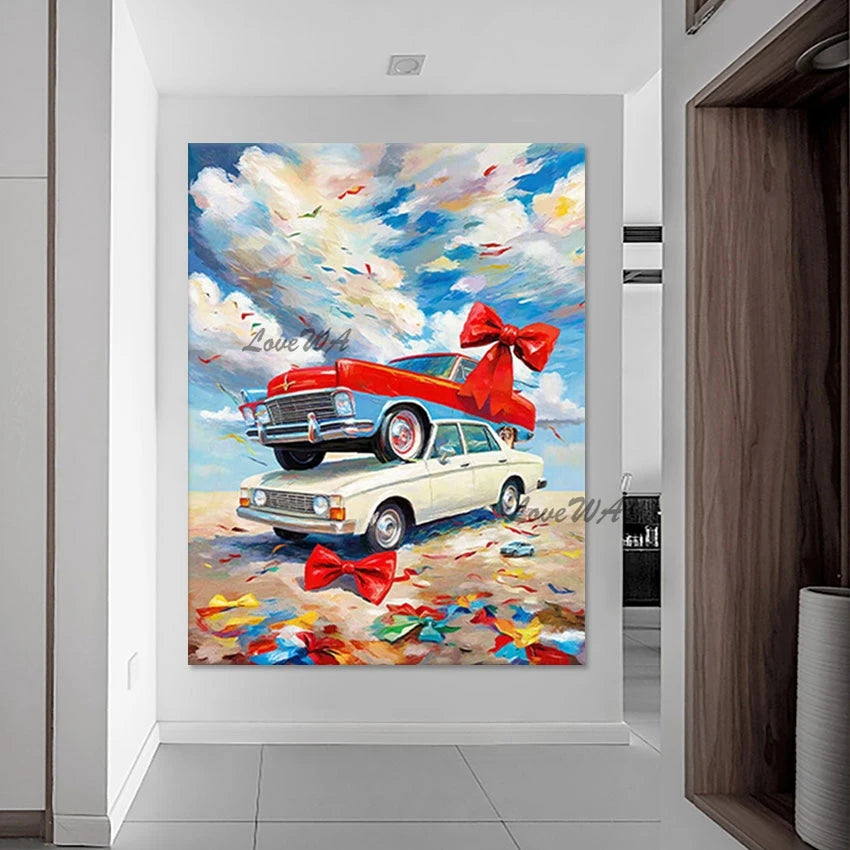 3d Car Landscape Art Picture Cartoon Oil Paintings Frameless Bright In Colour Design Abstract Canvas Wall Decoration Piece