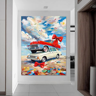 3d Car Landscape Art Picture Cartoon Oil Paintings Frameless Bright In Colour Design Abstract Canvas Wall Decoration Piece