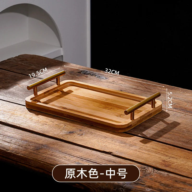 Wooden Tray with Golden Metal Handle for Water Cup Fruit Food Bread Sundries Serving Tray Household Organizer