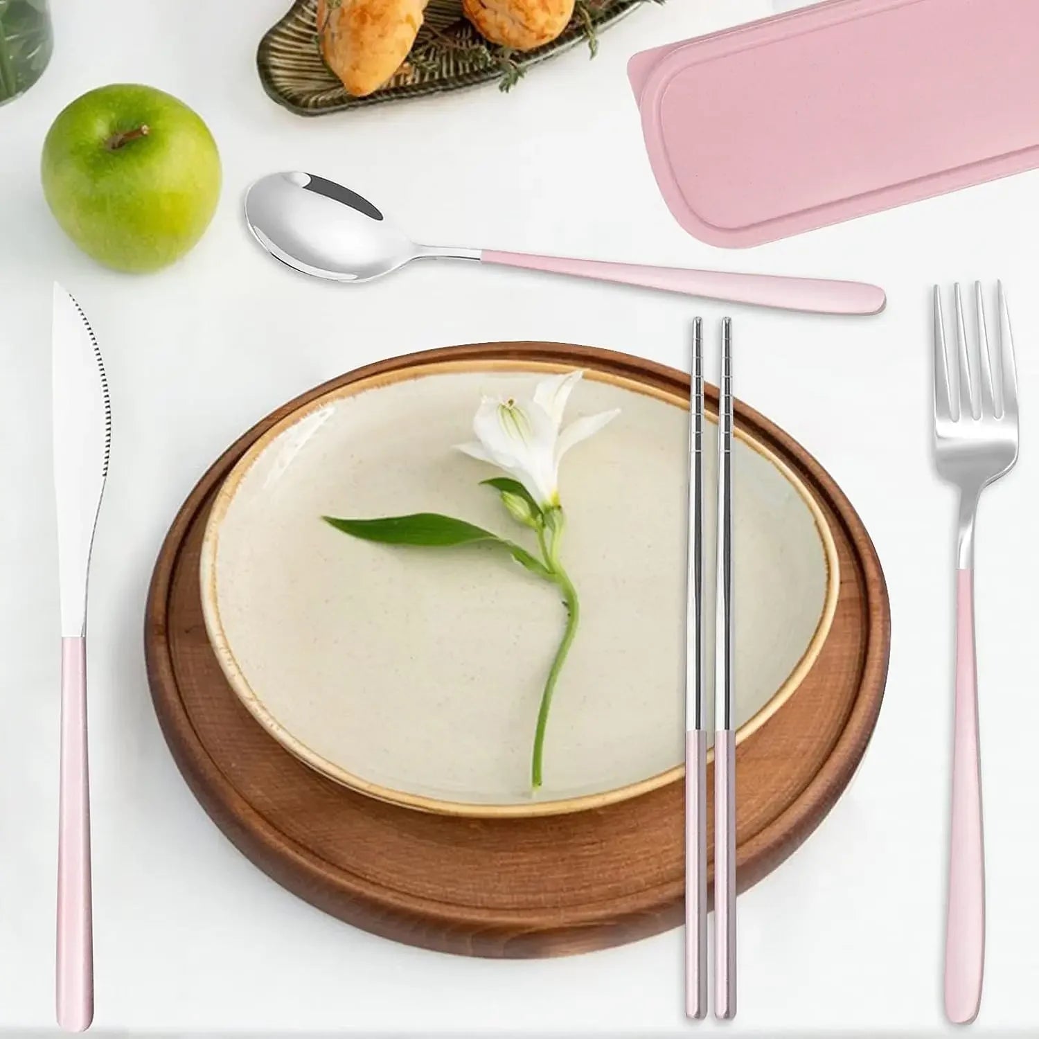 Portable Travel Utensils Set with Case Stainless Steel Knife Forks Spoons Chopsticks for Lunch Box Office Picnic Dinnerware Use