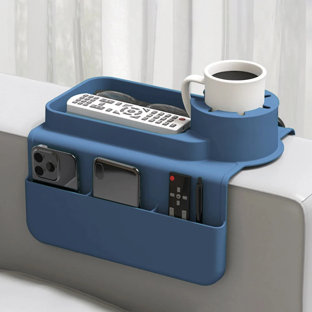 Silicone Couch Cup Holder Tray with Side Pockets Couch Armrest Table Waterproof Couch Arm Caddy for Snack Drinks Spectacles