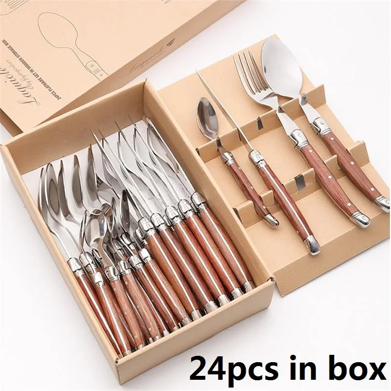 24pcs Laguiole Tableware set Wood Handle Korean Dinnerware Stainless steel 6 Steak Knives 6 Forks 6 Spoon 6 Teaspoon Cutlery