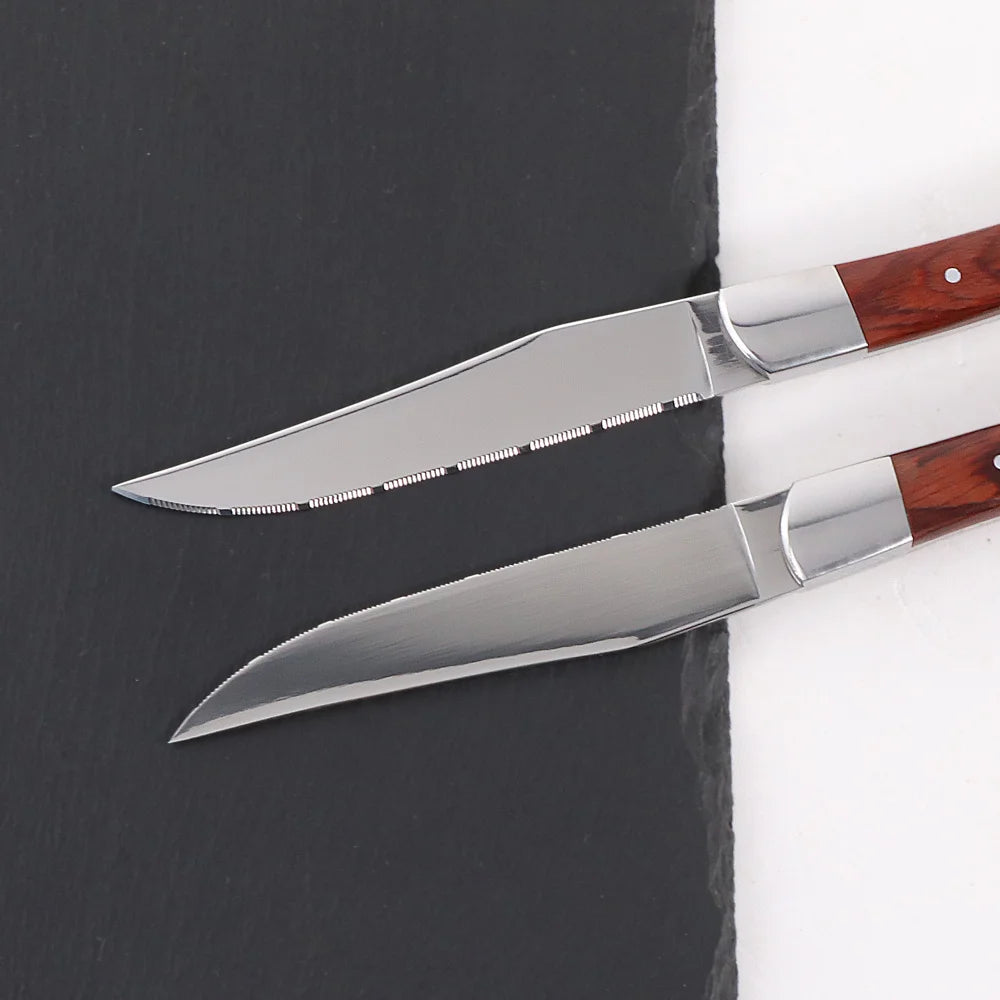 Jaswehome 6pcs Dinnerware Set Stainless Steel Red Pakkawood Handle Steak knives Western knives Fruit salad steak forks Tableware