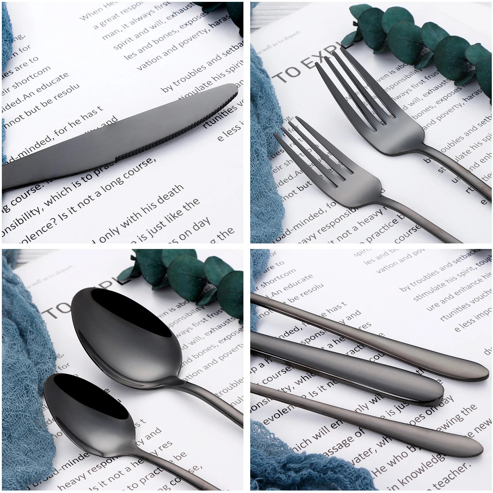 30/35/40 Pieces Western Tableware Stainless Steel Black Cutlery Set Elegant Dinner Set Mirror Knife Fork Spoon Kitchen Utensils