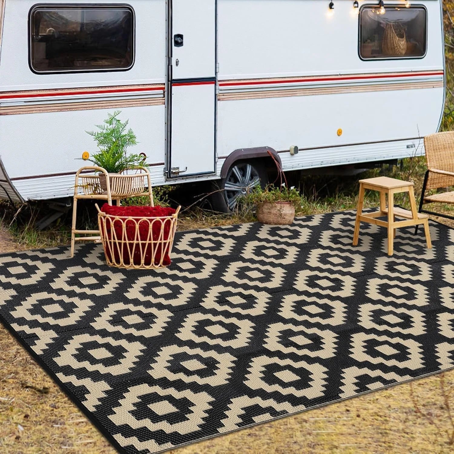 VIKAMA Waterproof Portable Garden Outdoor Rug Double-Sided Outdoor Carpet Camping Caravan Mat Modern Checkered Outdoor Rug