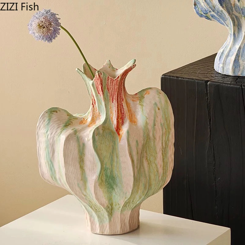 Flower Bud Shape Ceramic Vase Creative Painted Plant Pots Table Decoration Flowers Arrangement Floral Vases Room Aesthetic Decor