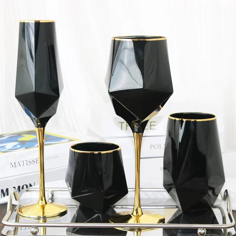 Luxury Black Whisky Glasses with Golden Edge Electroplated Irregular Goblet for Special Purpose Drinking Room Decor