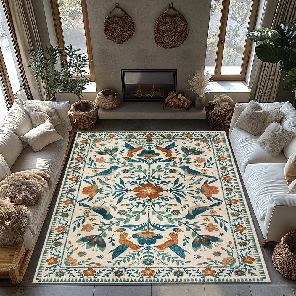 Cream Blue Green Floral Bohemian Rug, Orange Accent Non-Slip Living Room Carpet, Soft Vintage Style Home Decor Mat