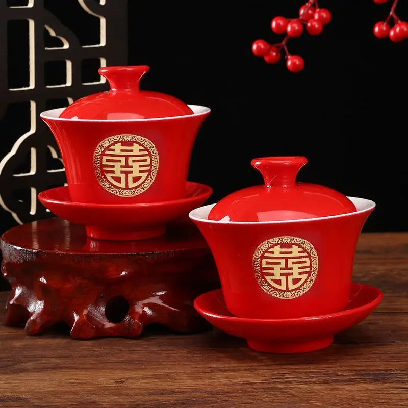 Chinese Wedding Tableware Set Joyful Red Ceramic Bowls Spoons Teacups Chopsticks Tray Wedding Supplies Gifts