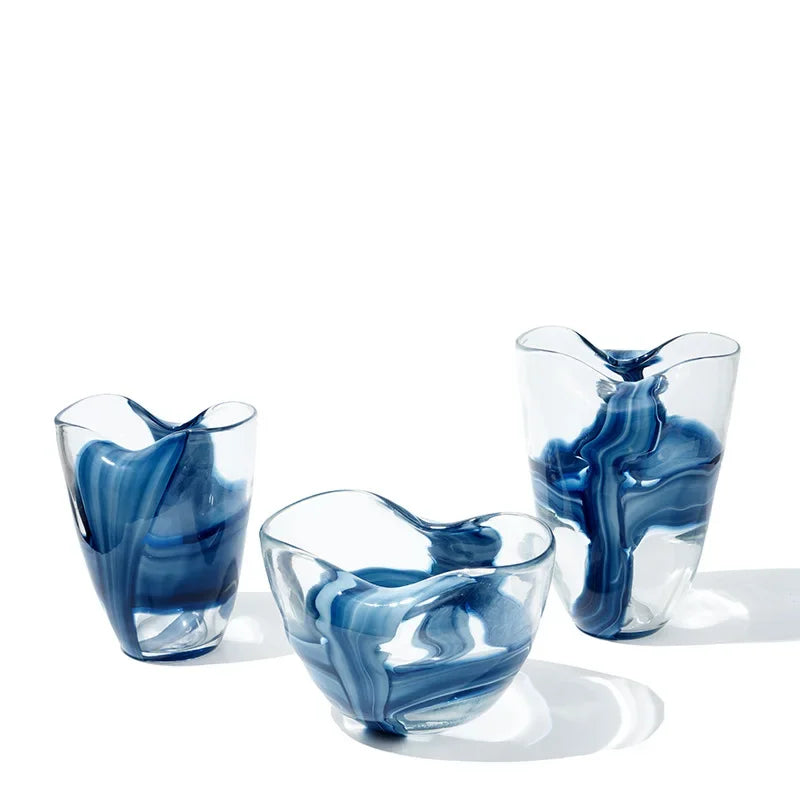 Nordic Style Handmade Transparent Pleated Blue Phoenix Tail Glass Vase Flower Table Model Room Living Room Decoration Flower Pot