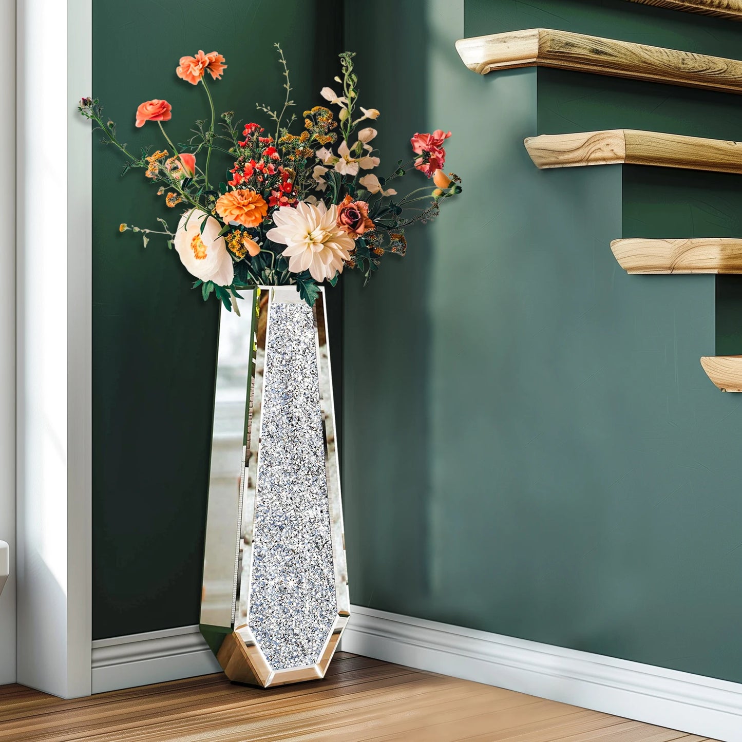 2 Styles Floor Crushed Diamond Mirrored Vase Crystal Silver Glass Decorative Mirror for Holding Pampas Grass Plant, Dried Flower
