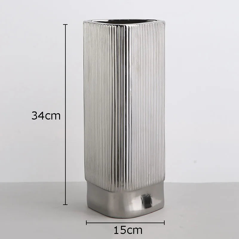 Silver-plated Vertical Grain Ceramic Vase Desk Decoration Geometric Shape Floral Vases Flower Pots Decorative Arrangement