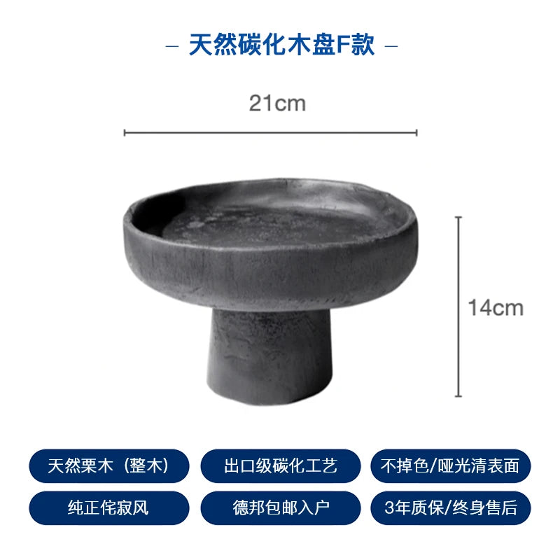 Wabi Sabi Charred Wood Tray Black Fruit Bowl Minimalist Display Platter for Hotel Rustic Storage Tray for Living Room Decoration