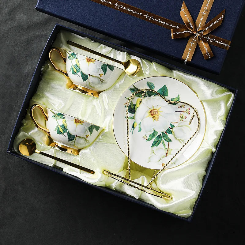 Exquisite Bone China Coffee Cup and Dish Gift Box Set, Afternoon Tea Set, Camellia Flower Pattern Exquisite Gift Box