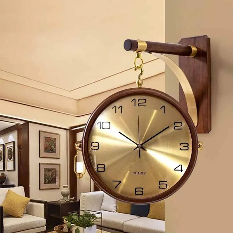 Luxury Wood Double Sided Wall Clocks Movement Silence 360° Rotatable Wall Clock Aesthetic Living Room Decoration Accessories