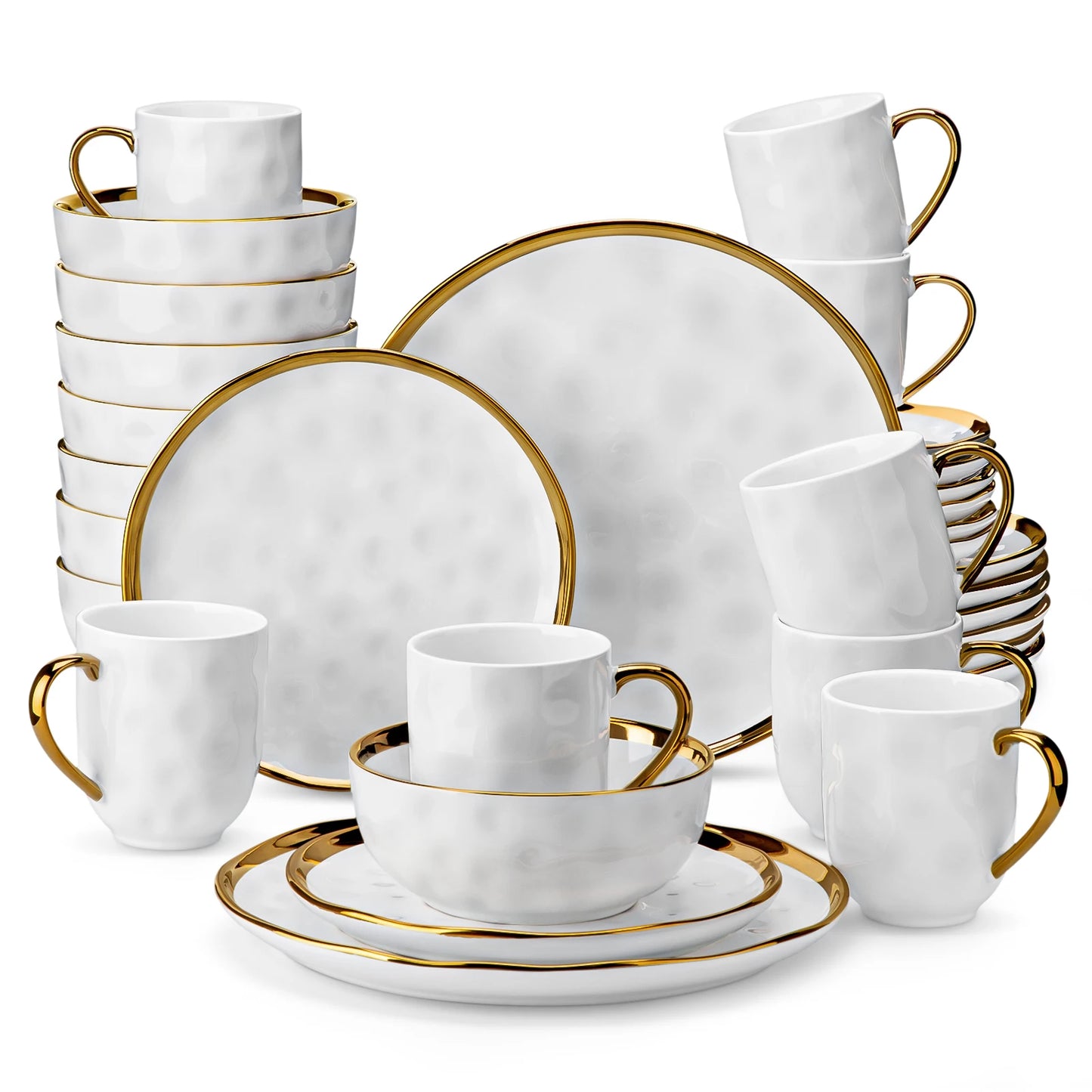 LOVECASA 16/32 Piece White Handmade Dinnerware Set with Gold Trim Stonewre Set Dinner Plate/Dessert Plate/Cup/Bowl Tableware Set