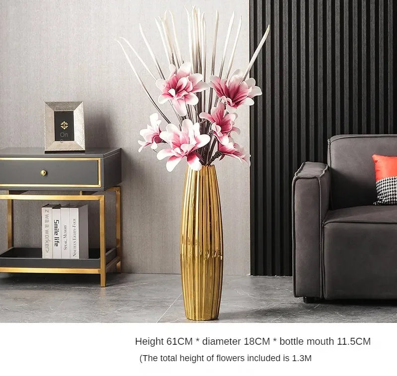 Nordic Ceramics Flower Vase for Entrance Light Luxury High-end Household Vase Large Electroplating Floor-standing Vase for Hotel