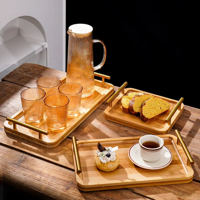 Wooden Tray with Golden Metal Handle for Water Cup Fruit Food Bread Sundries Serving Tray Household Organizer