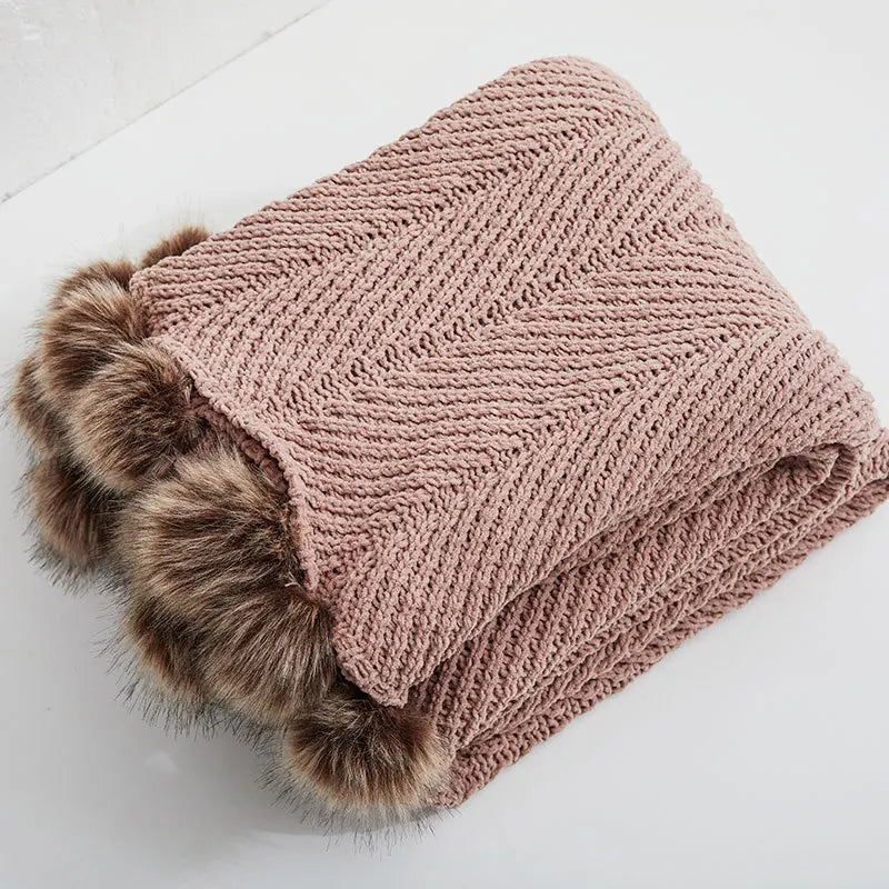 Inyahome-Fur Pom Pom Knitted Throw Blanket, Super Soft Warm Cozy Cable Knitted Nordic Blanket for Sofa and Couch, 51x63 Inch