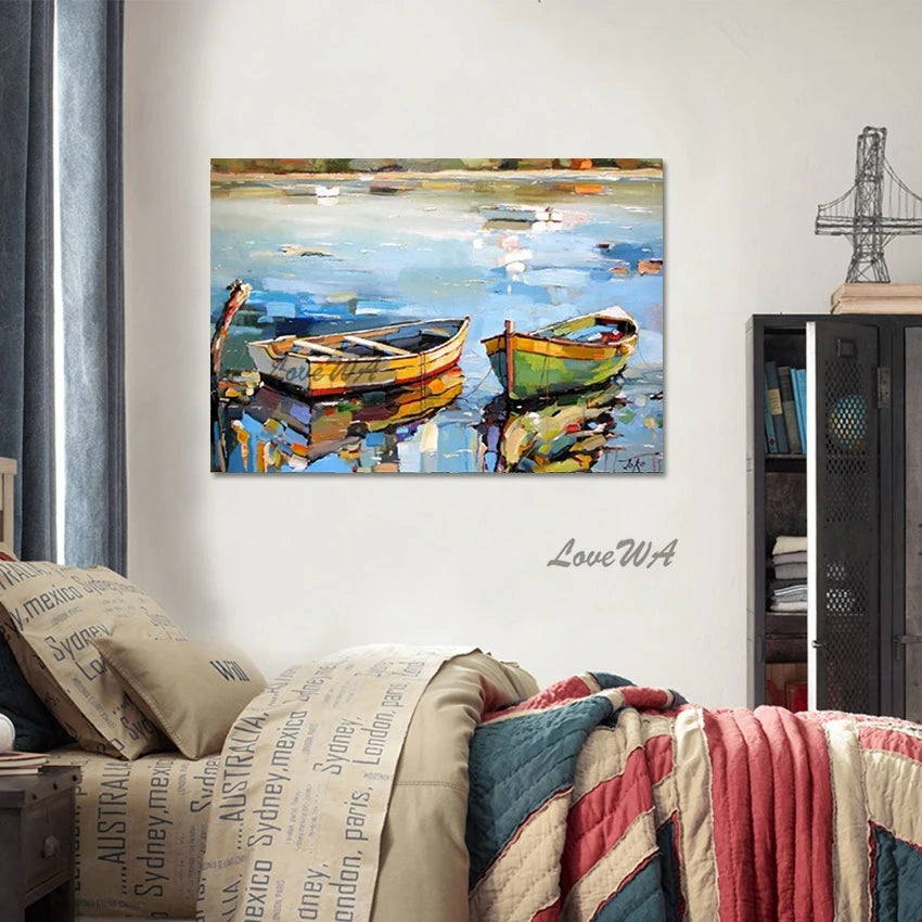 3d Boat Hand Drawing Decoration Wall Room Luxury Large Lakeside Painting Canvas Art Abstract Unframed Landscape Picture Artwork