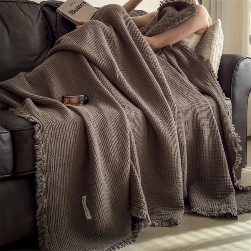 Cotton six layer wrinkled yarn fringe blanket for office nap, sofa cover blanket, high-end feeling pure cotton shawl blanket