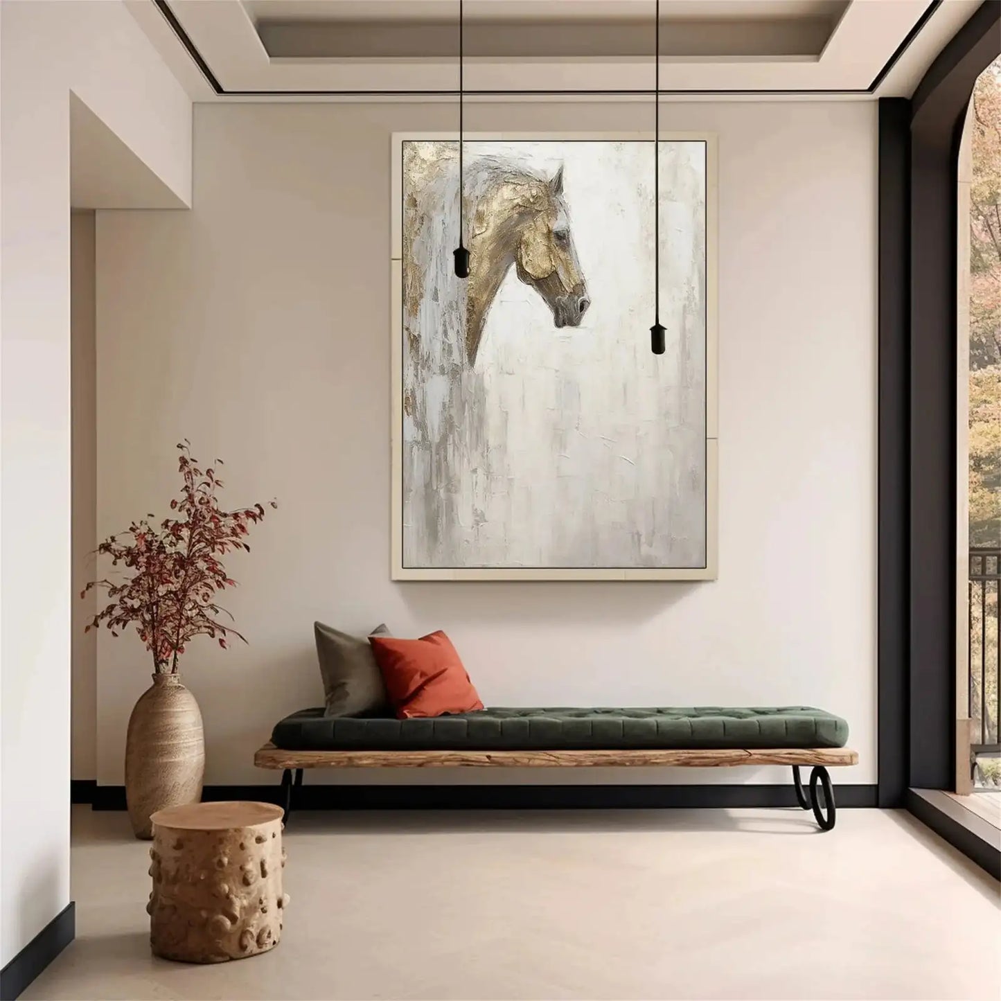 Gold Leaf Horse Picture Dafeng Village Painting 100% Handmade Abstract Oil Painting Canvas Wall Art For Home Decoration Unframed