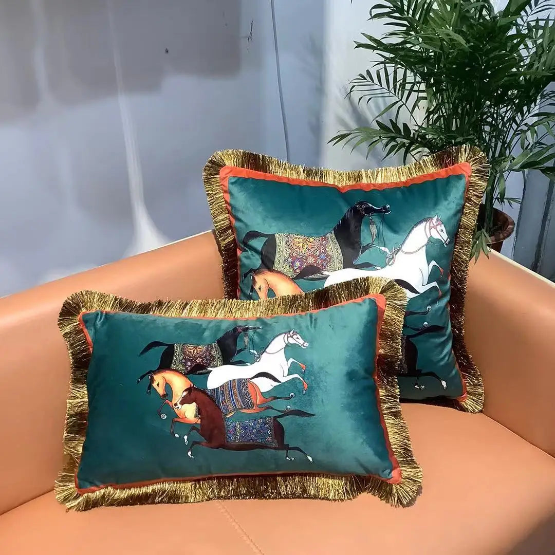 Double-Sided Waist Cushion Cover, Luxury Horse Pillowcase, Sofa Decoration, Retro Tassel, Square, Living Room