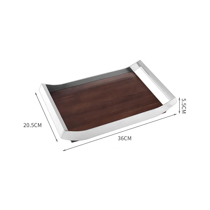 Mirror Stainless Steel Decorative Wooden Tray, Fruit Tray, Rectangular Metal Storage Tray with Handle, Desktop Storage Container