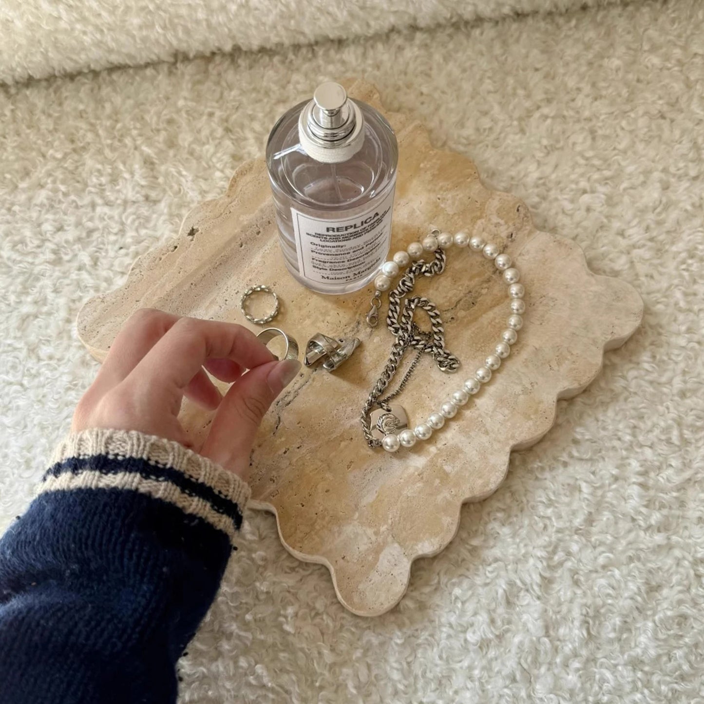 Decorative Travertine Tray, Square Scalloped Edge Natural Stone Jewelry Organizer, Home Decor Storage for Keys Rings Essentials