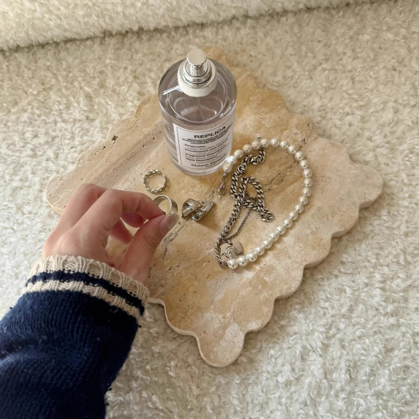 Decorative Travertine Tray, Square Scalloped Edge Natural Stone Jewelry Organizer, Home Decor Storage for Keys Rings Essentials