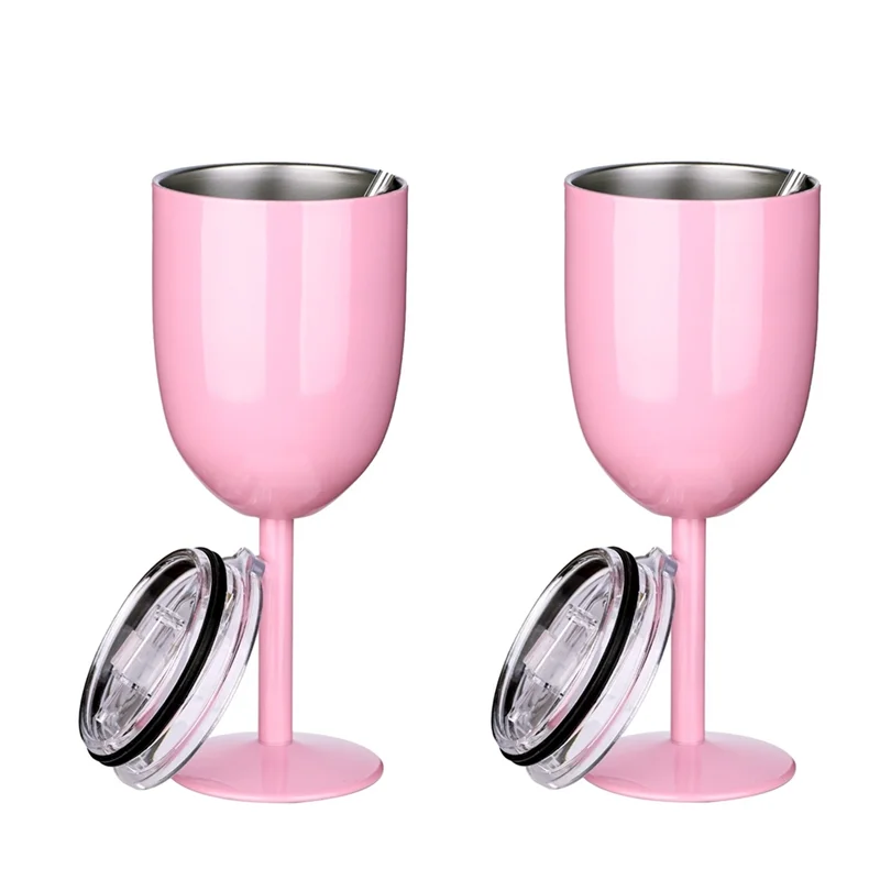 Practical-2PCS Insulated Pink Wine Glasses Double Wall Food Grade Stainless Steel Travel Wine Cup With Leak Proof Lid For Adult,