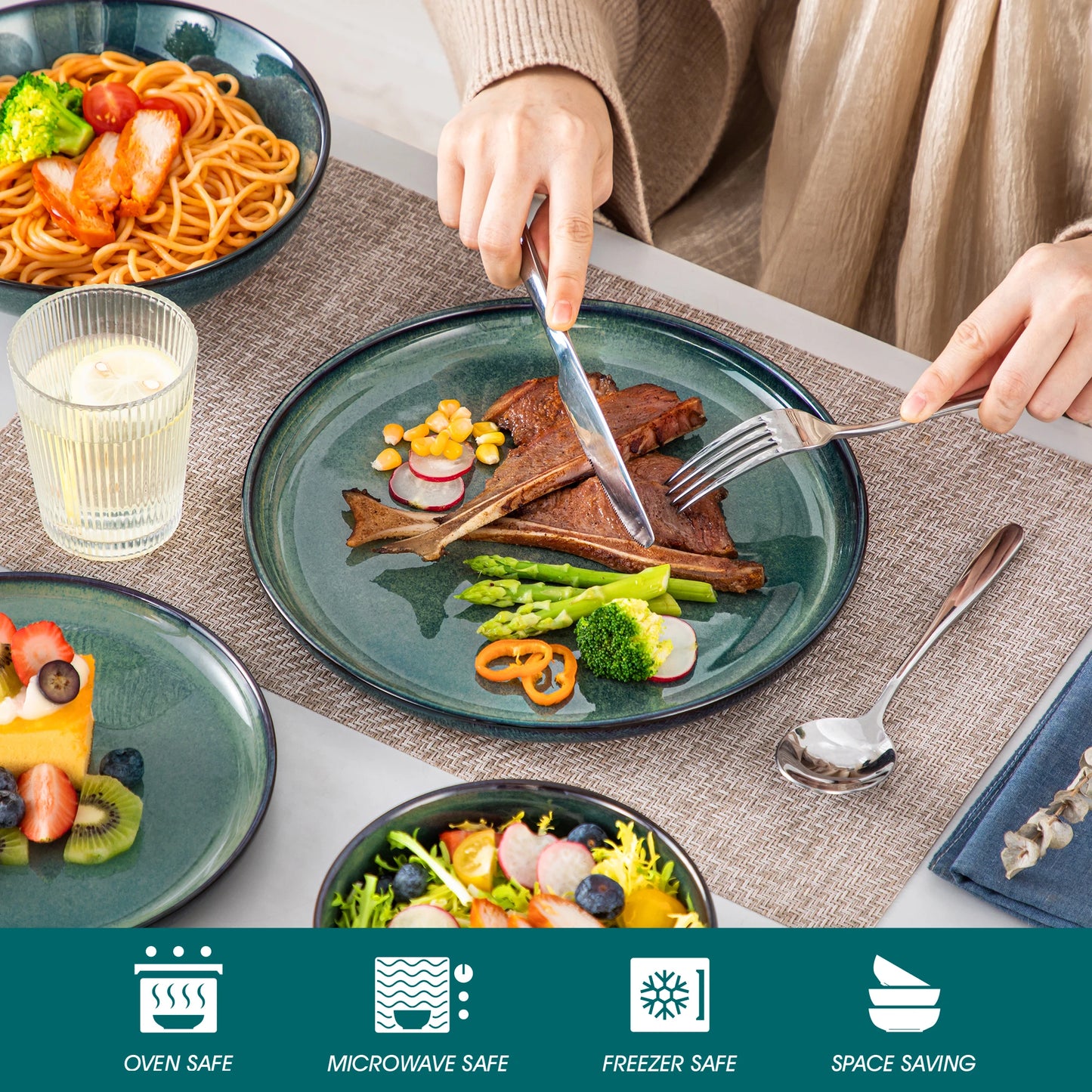 vancasso 24 Piece Green Klin Change Glaze Stoneware Set Dinnerware Set with 6pcs Dinner Plate/Dessert Plate/Soup Plate/Bowl