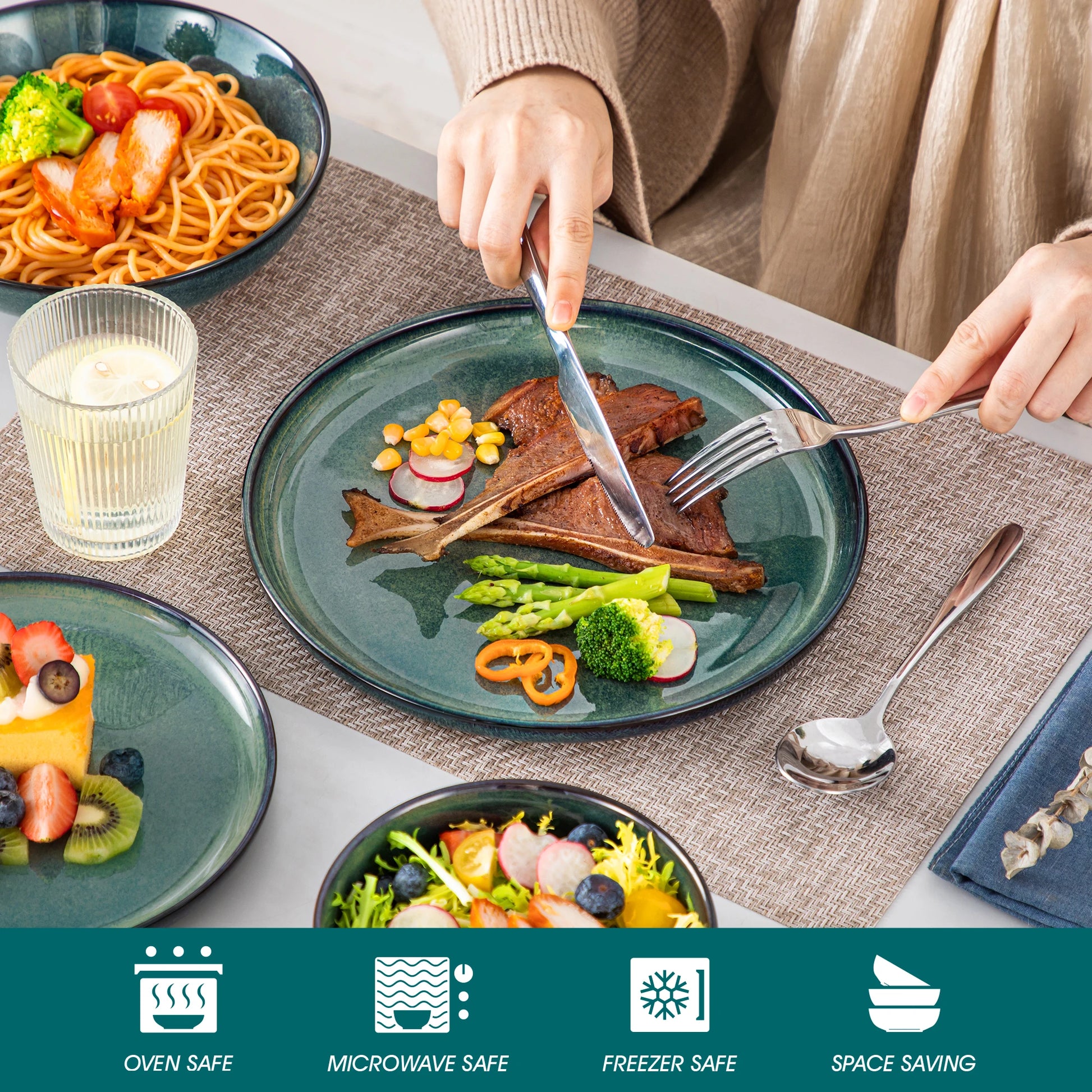 vancasso 24 Piece Green Klin Change Glaze Stoneware Set Dinnerware Set with 6pcs Dinner Plate/Dessert Plate/Soup Plate/Bowl