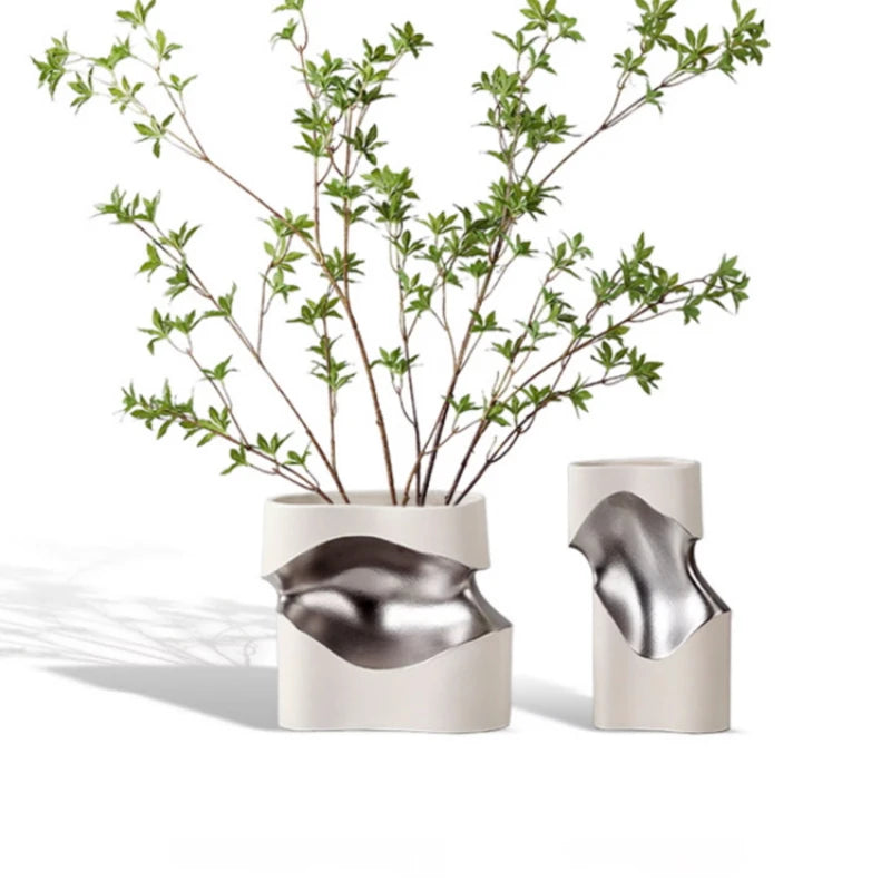 Ceramic Vase Curve Irregular Bend Golden Flower Artistic Flowerpots Porcelain Crafts Ornaments Room Decoration