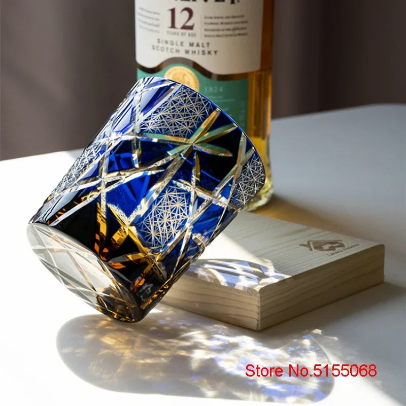 Japanese Royal Special Retro Wine Tumbler, Hand Cut, Flashing Lightning Design, Amber Whiskey Glass, High End Gift Box, Edo Kiri