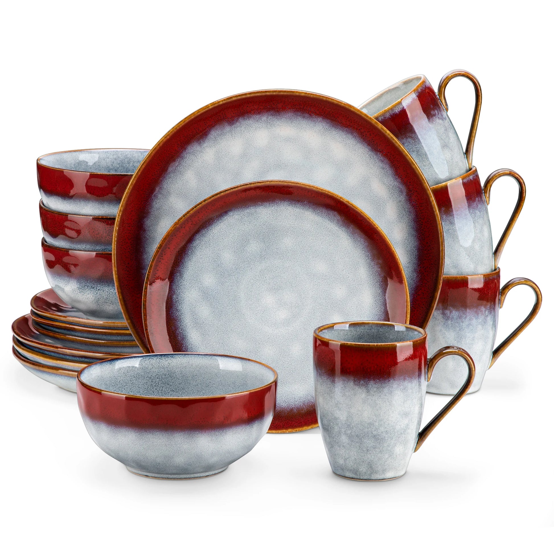 vancasso 16/32/48-Piece Dinner Set,Red Green Kiln Change Glaze Tableware Dinner Service with Dinner Plate,Dessert Plate,Bowl,Mug