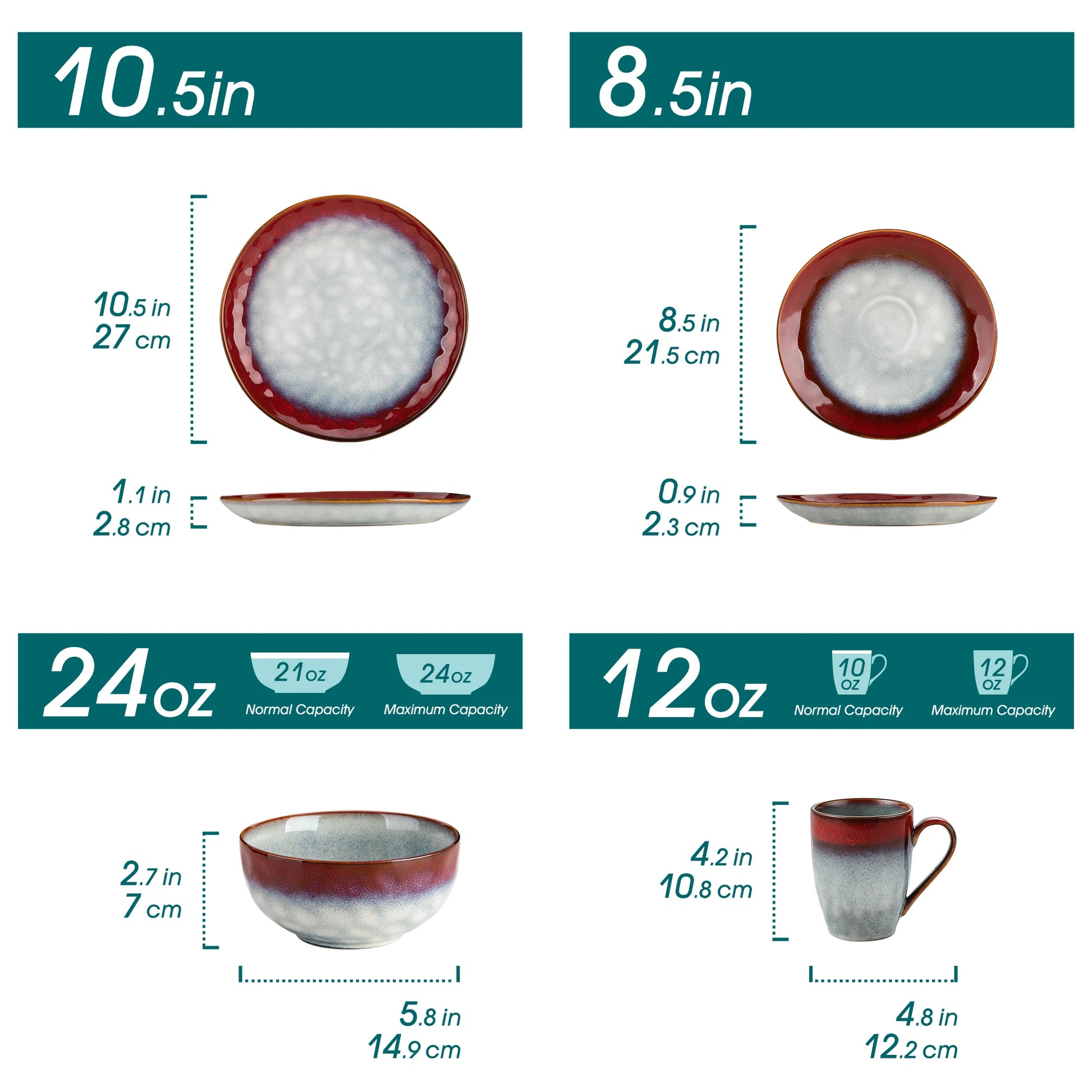 vancasso 16/32/48-Piece Dinner Set,Red Green Kiln Change Glaze Tableware Dinner Service with Dinner Plate,Dessert Plate,Bowl,Mug