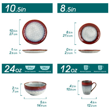 vancasso 16/32/48-Piece Dinner Set,Red Green Kiln Change Glaze Tableware Dinner Service with Dinner Plate,Dessert Plate,Bowl,Mug