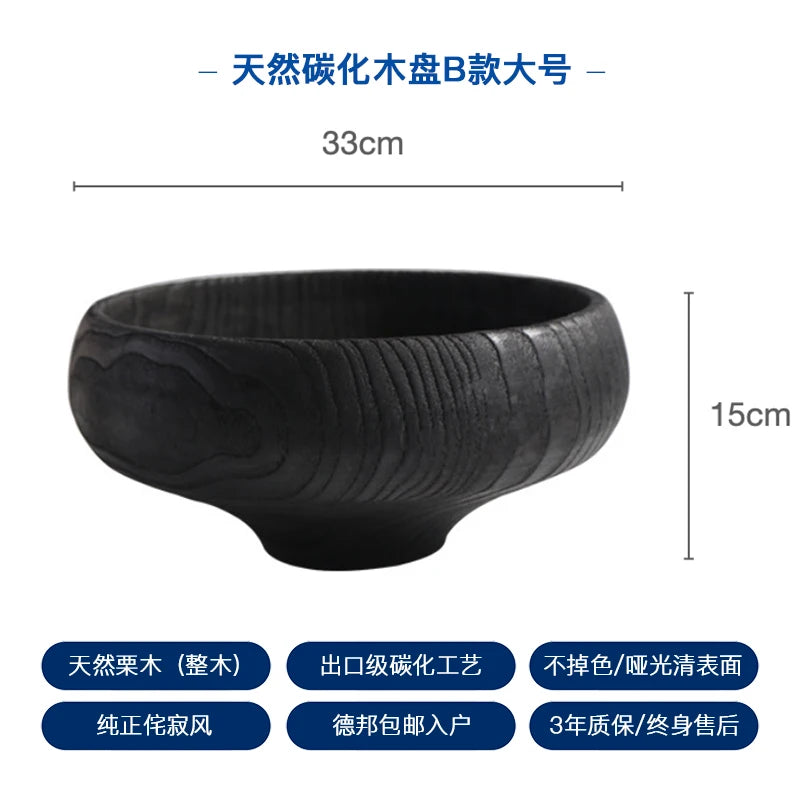 Wabi Sabi Charred Wood Tray Black Fruit Bowl Minimalist Display Platter for Hotel Rustic Storage Tray for Living Room Decoration