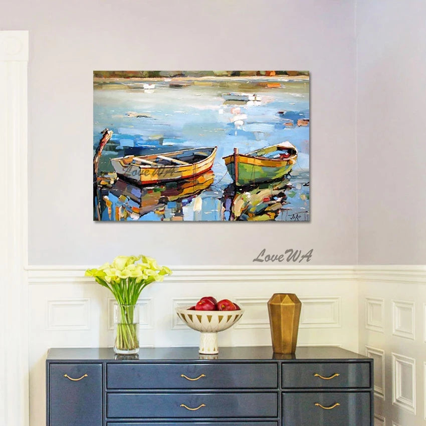 3d Boat Hand Drawing Decoration Wall Room Luxury Large Lakeside Painting Canvas Art Abstract Unframed Landscape Picture Artwork