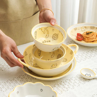 Orange Cat Ceramic Dinnerware Set Cute Bowl Plate Cutlery for Home Kitchen New House Gift