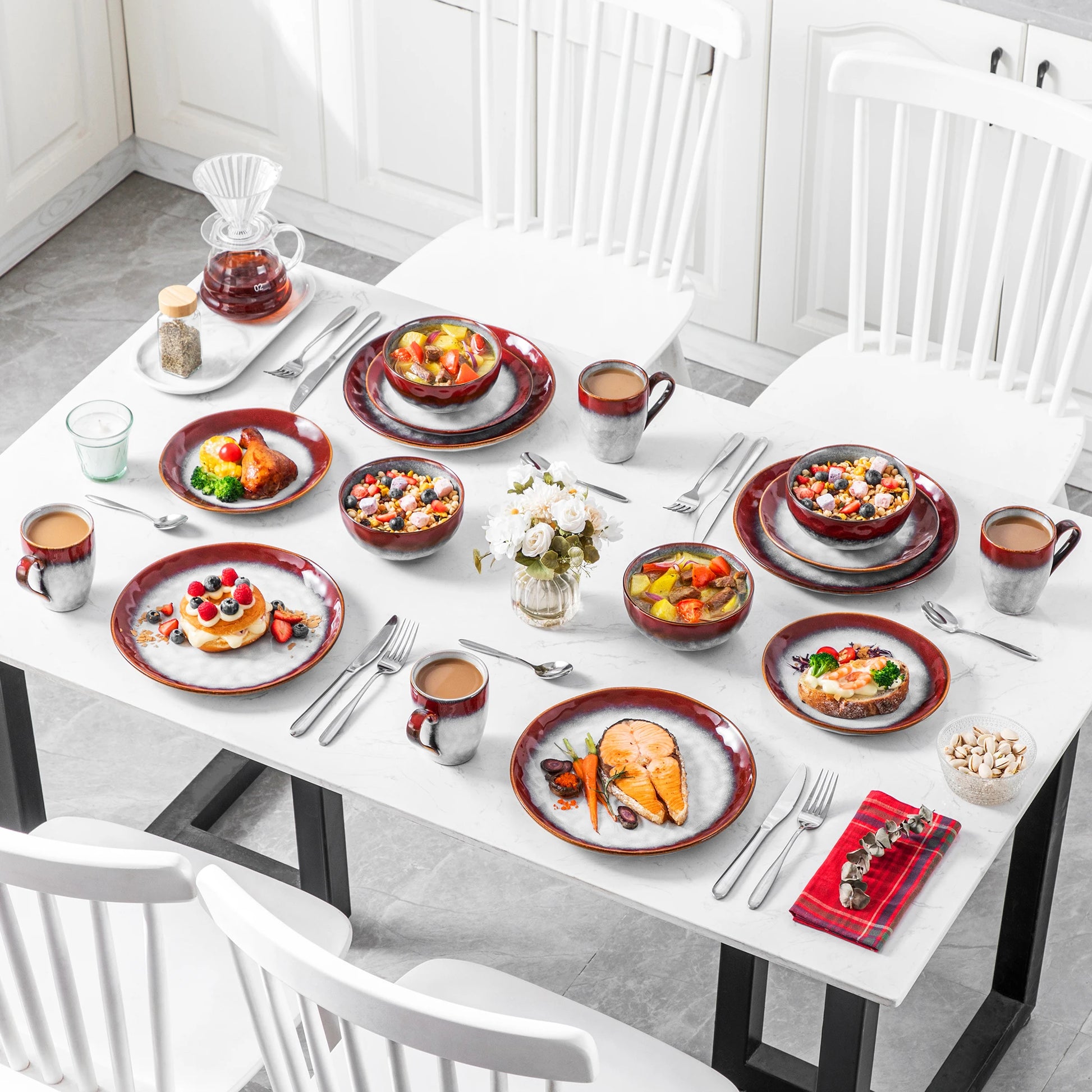 vancasso 16/32/48-Piece Dinner Set,Red Green Kiln Change Glaze Tableware Dinner Service with Dinner Plate,Dessert Plate,Bowl,Mug