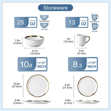 LOVECASA 16/32 Piece White Handmade Dinnerware Set with Gold Trim Stonewre Set Dinner Plate/Dessert Plate/Cup/Bowl Tableware Set